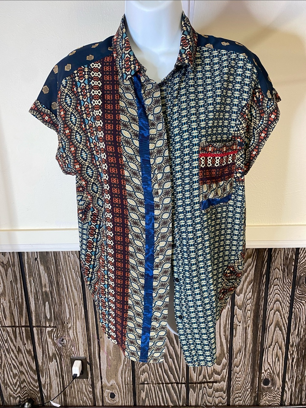 Desigual Multicolor Patchwork Short Sleeve Button-Up Shirt - Blue/Red/Beige
